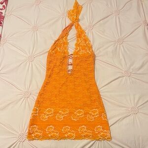 Orange Lace Halter Mini Dress